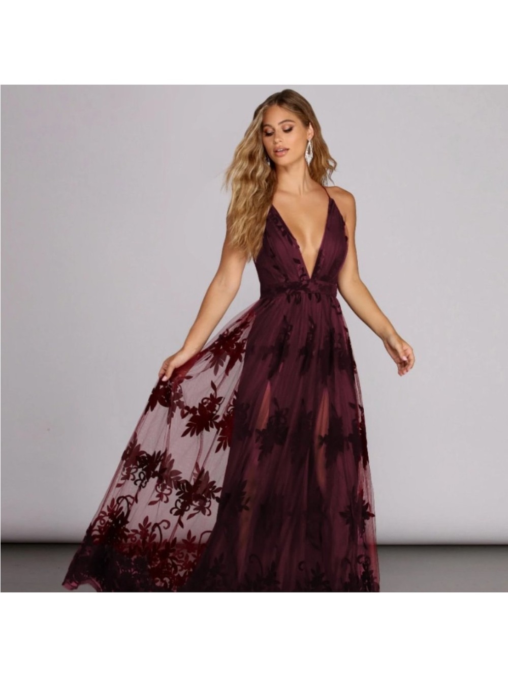 Luxxel Plum Embroidered Deep V Mesh Gown